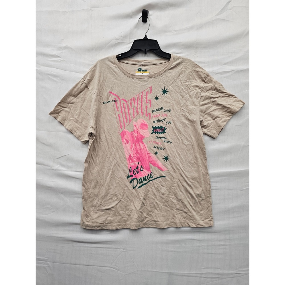 David Bowie Womens Graphic Band Tee Tan Cotton Relaxed Size Medium